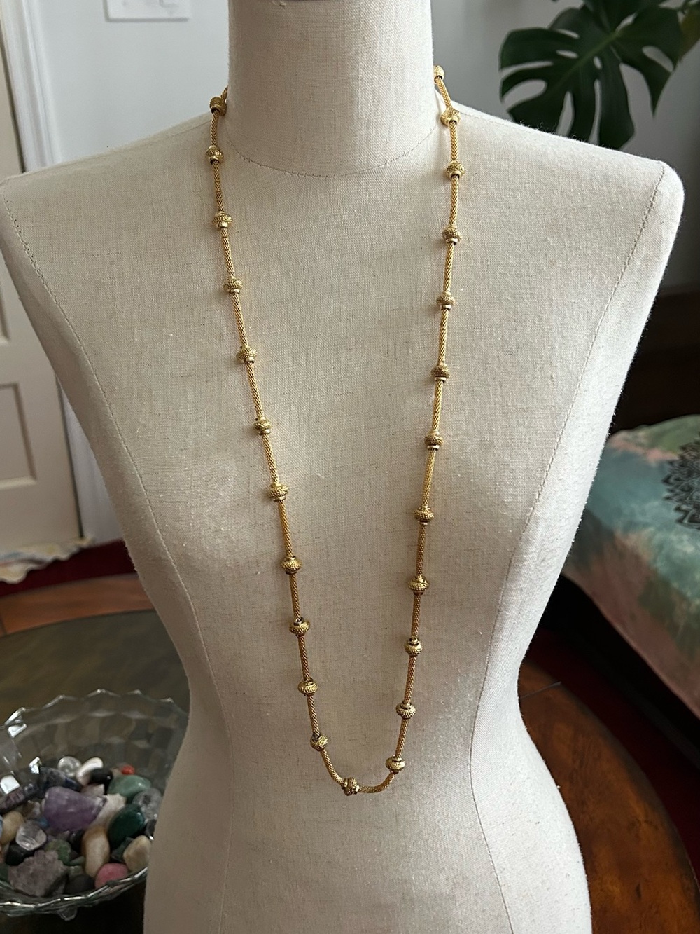 Vintage Estate Sale Gold Tone Metal Long Necklace - Earrings Set